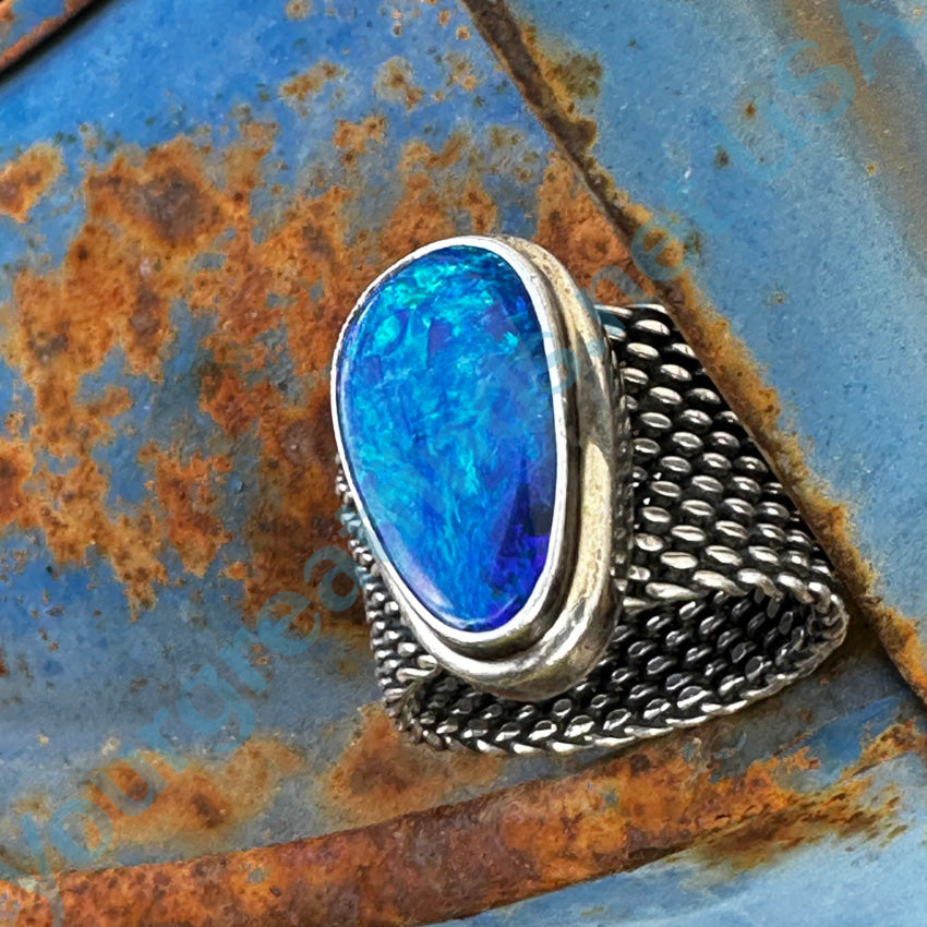 Sterling Silver Mesh Ring Bright Electric Blue Australian Opal Size 6 Ring