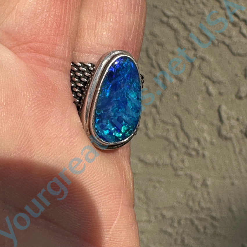 Sterling Silver Mesh Ring Bright Electric Blue Australian Opal Size 6 Ring