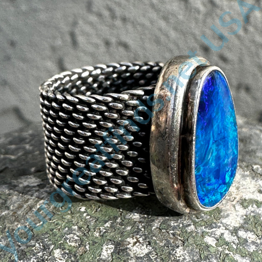 Sterling Silver Mesh Ring Bright Electric Blue Australian Opal Size 6 Ring