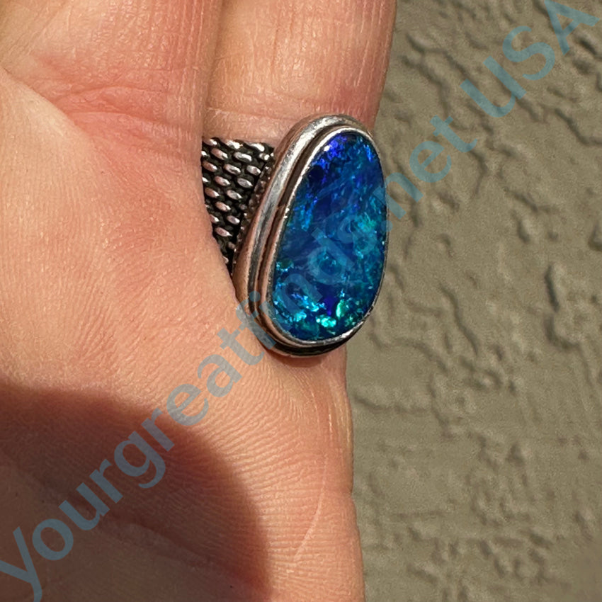 Sterling Silver Mesh Ring Bright Electric Blue Australian Opal Size 6 Ring