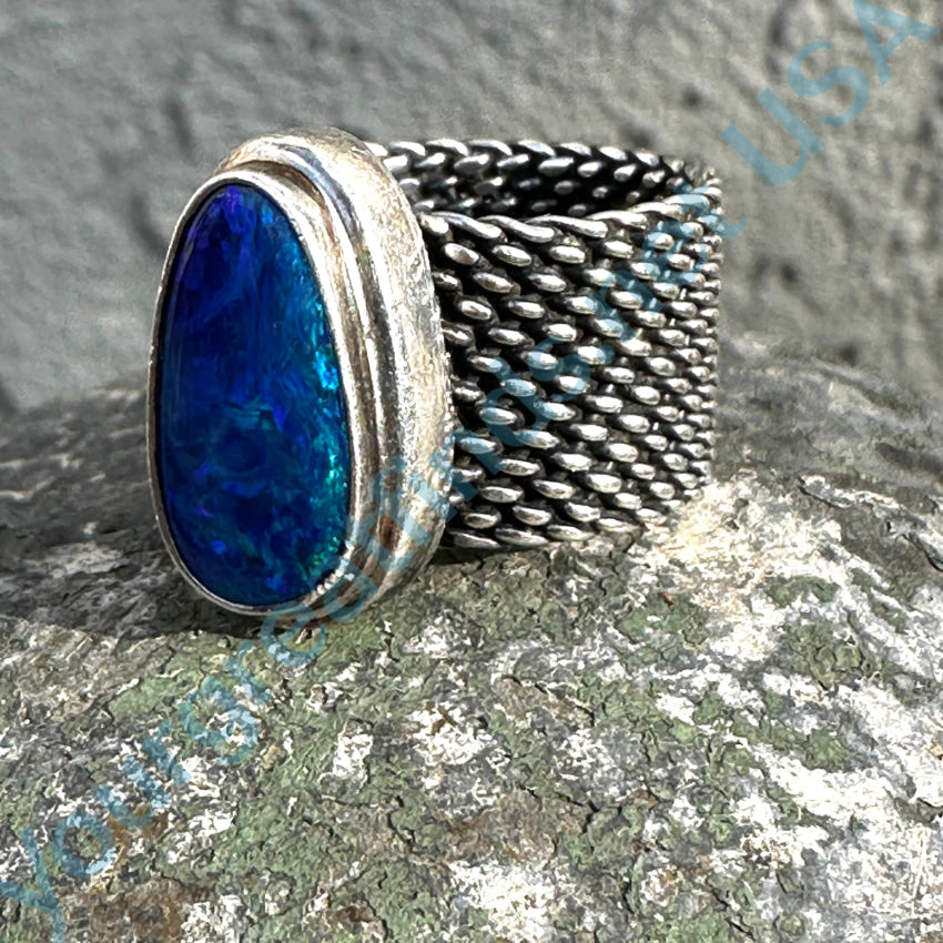 Sterling Silver Mesh Ring Bright Electric Blue Australian Opal Size 6 Ring