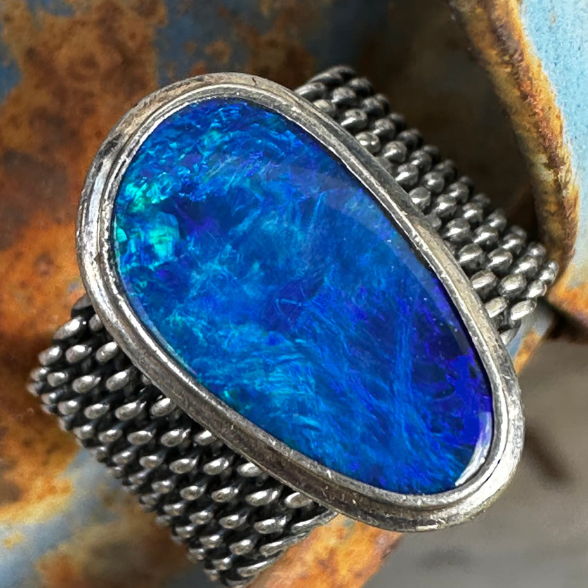 Sterling Silver Mesh Ring Bright Electric Blue Australian Opal Size 6 Ring