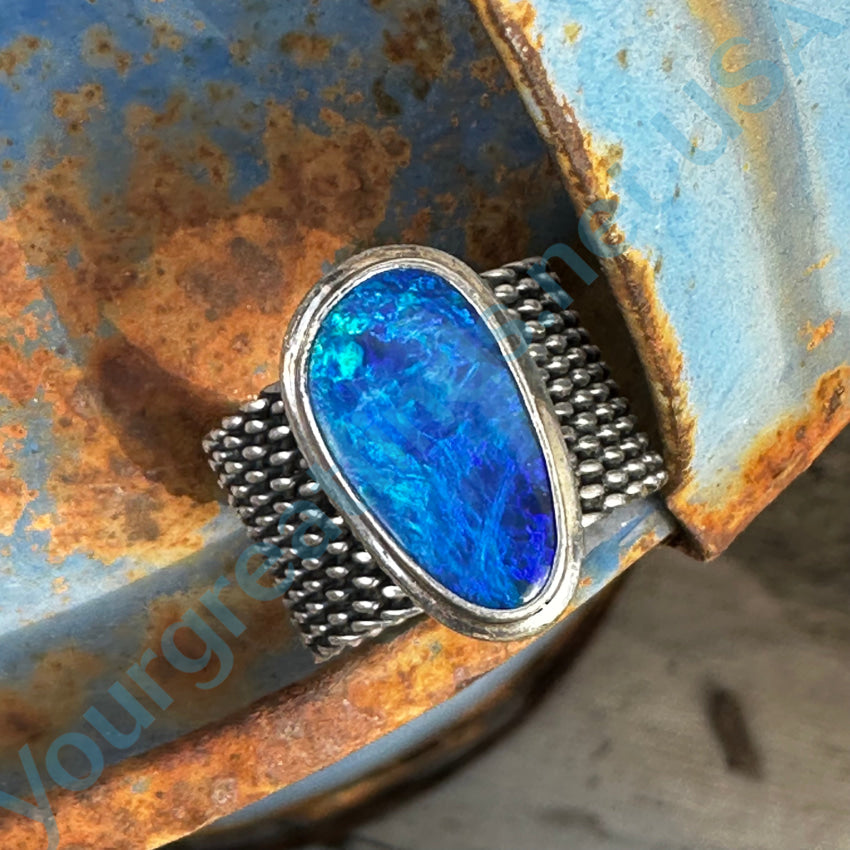 Sterling Silver Mesh Ring Bright Electric Blue Australian Opal Size 6 Ring