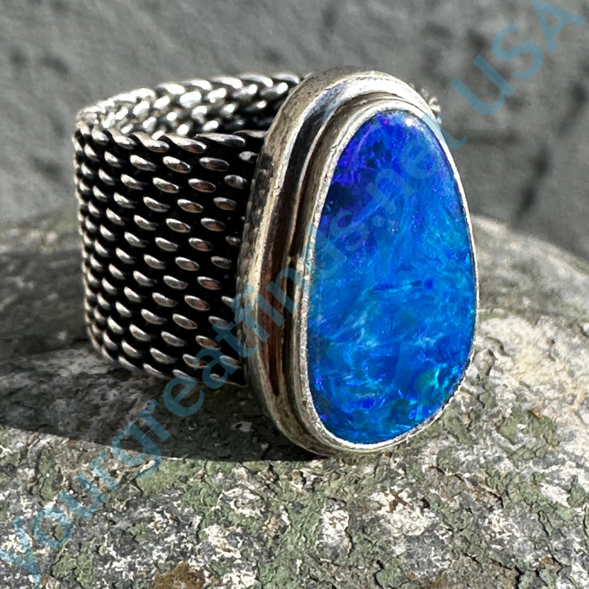 Sterling Silver Mesh Ring Bright Electric Blue Australian Opal Size 6 Ring