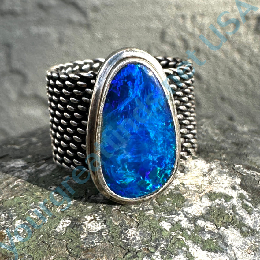 Sterling Silver Mesh Ring Bright Electric Blue Australian Opal Size 6 Ring