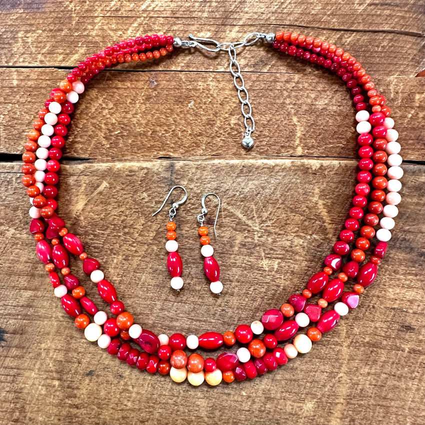 Sterling Silver Multi-Colored Triple Strand Coral Necklace & Earrings Jewelry Set