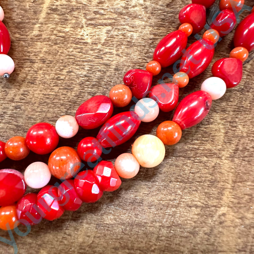 Sterling Silver Multi-Colored Triple Strand Coral Necklace & Earrings Jewelry Set