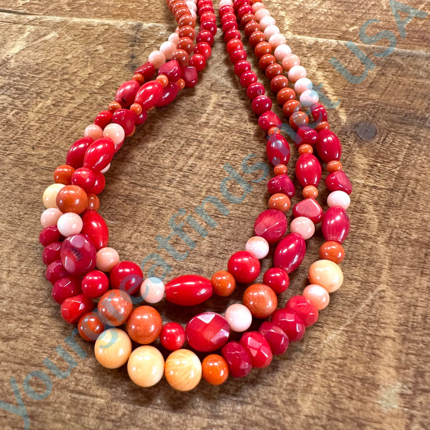 Sterling Silver Multi-Colored Triple Strand Coral Necklace & Earrings Jewelry Set