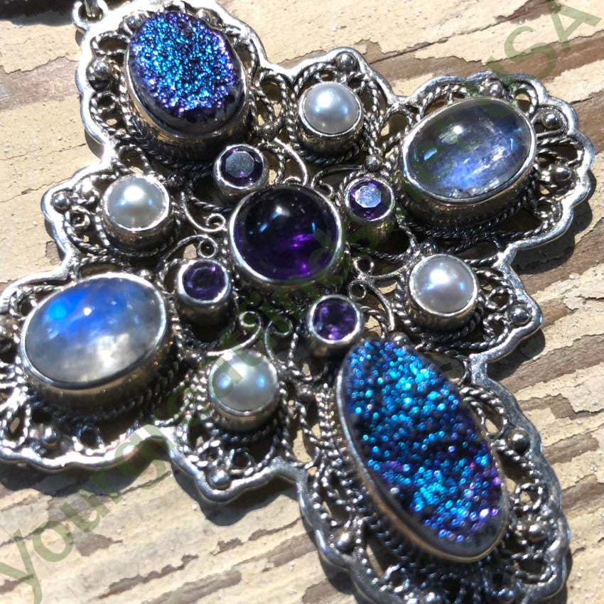 Sterling Silver Multi-Gemstone Holy Cross Pendant