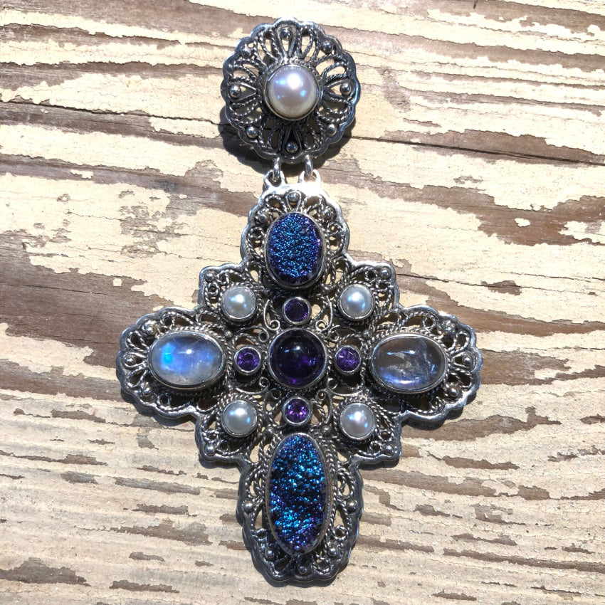 Sterling Silver Multi-Gemstone Holy Cross Pendant