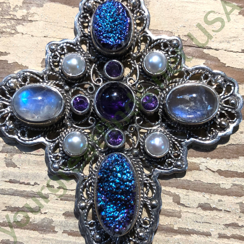 Sterling Silver Multi-Gemstone Holy Cross Pendant