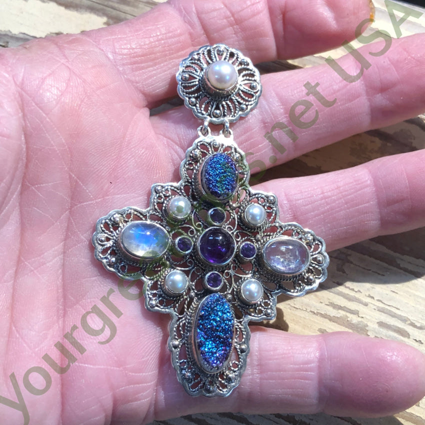 Sterling Silver Multi-Gemstone Holy Cross Pendant