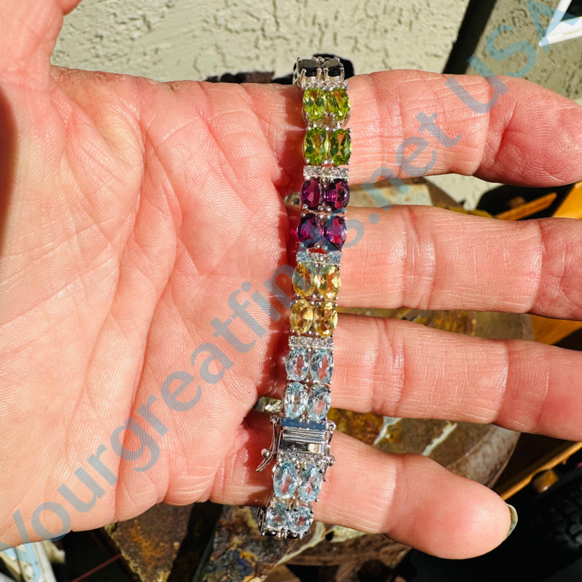 Sterling Silver Multiple Rainbow Gemstone Tennis Bracelet Bracelets