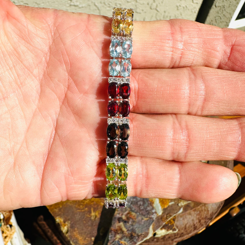 Sterling Silver Multiple Rainbow Gemstone Tennis Bracelet Bracelets