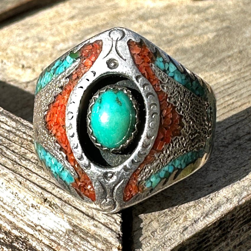 Sterling Silver Navajo Ring Turquoise Shiprock Mosaic Size 13 Ring