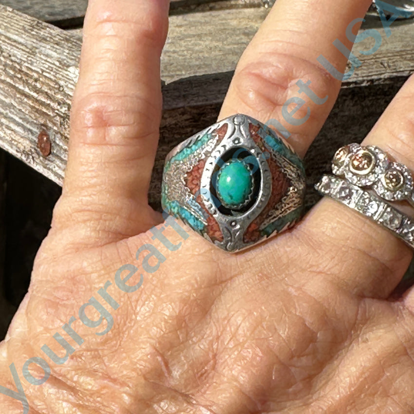 Sterling Silver Navajo Ring Turquoise Shiprock Mosaic Size 13 Ring