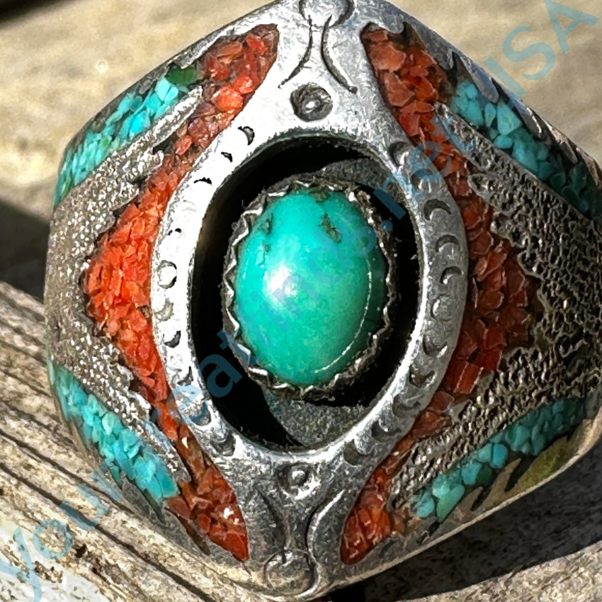 Sterling Silver Navajo Ring Turquoise Shiprock Mosaic Size 13 Ring