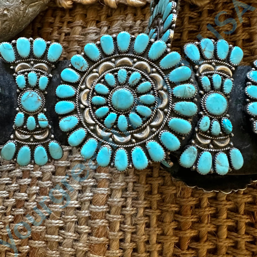 Sterling Silver Navajo Turquoise Cluster Concho Belt On Leather