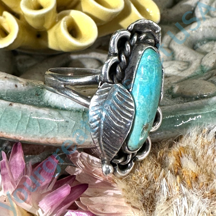 Sterling Silver One Feather Ring Pale Blur Turquoise Size 6 M. Weahkee