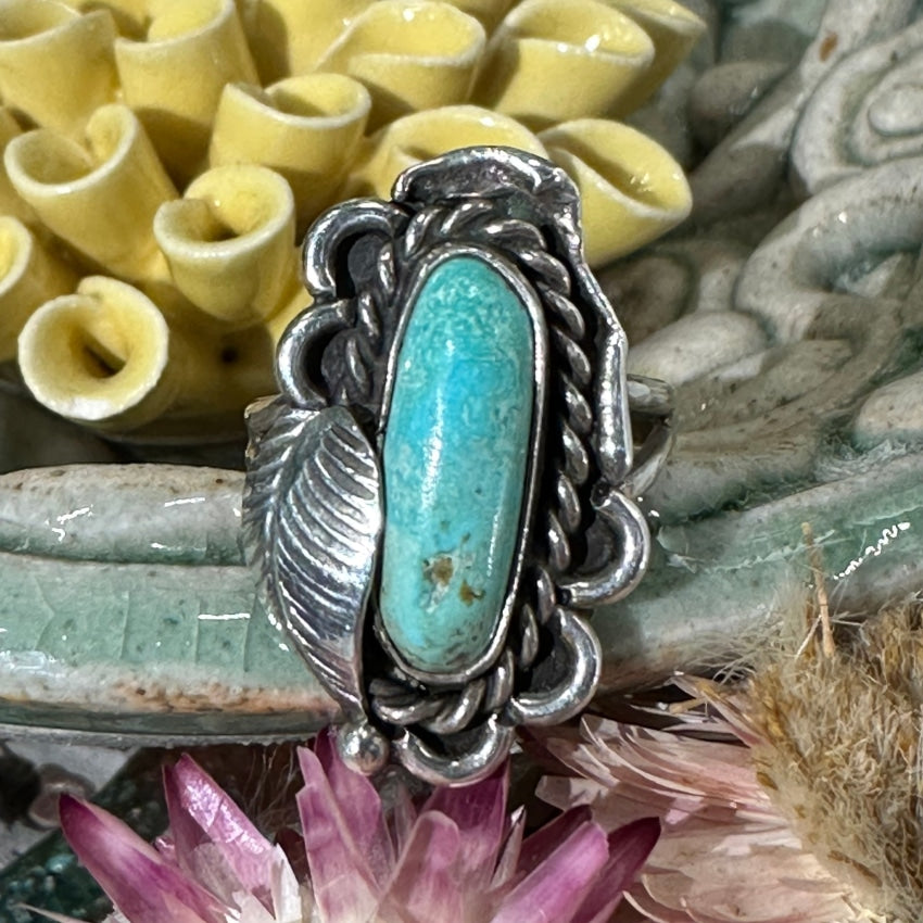 Sterling Silver One Feather Ring Pale Blur Turquoise Size 6 M. Weahkee