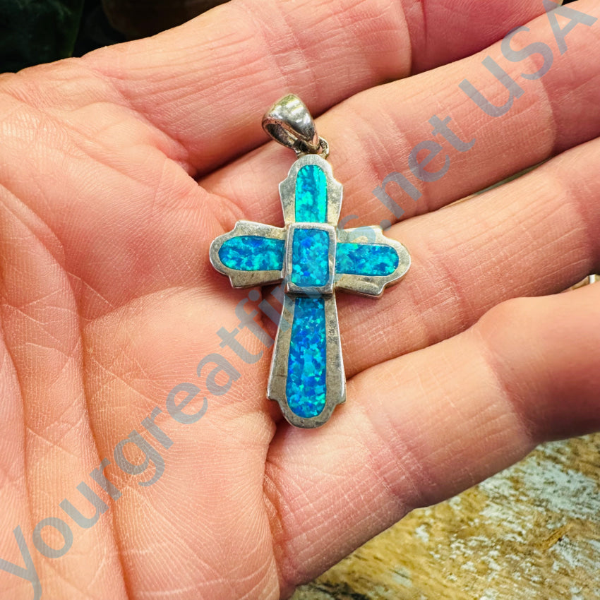 Sterling Silver Opal Inlay Holy Cross Pendant