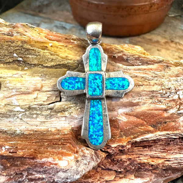 Inlayed Turquoise on top Sterling Silver Cross Pendant