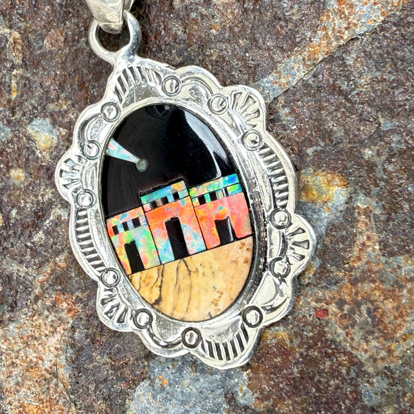 Sterling Silver Opal Jasper & Jet Inlay Pueblo Landscape Pendant pendant