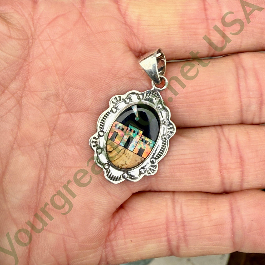 Sterling Silver Opal Jasper & Jet Inlay Pueblo Landscape Pendant pendant