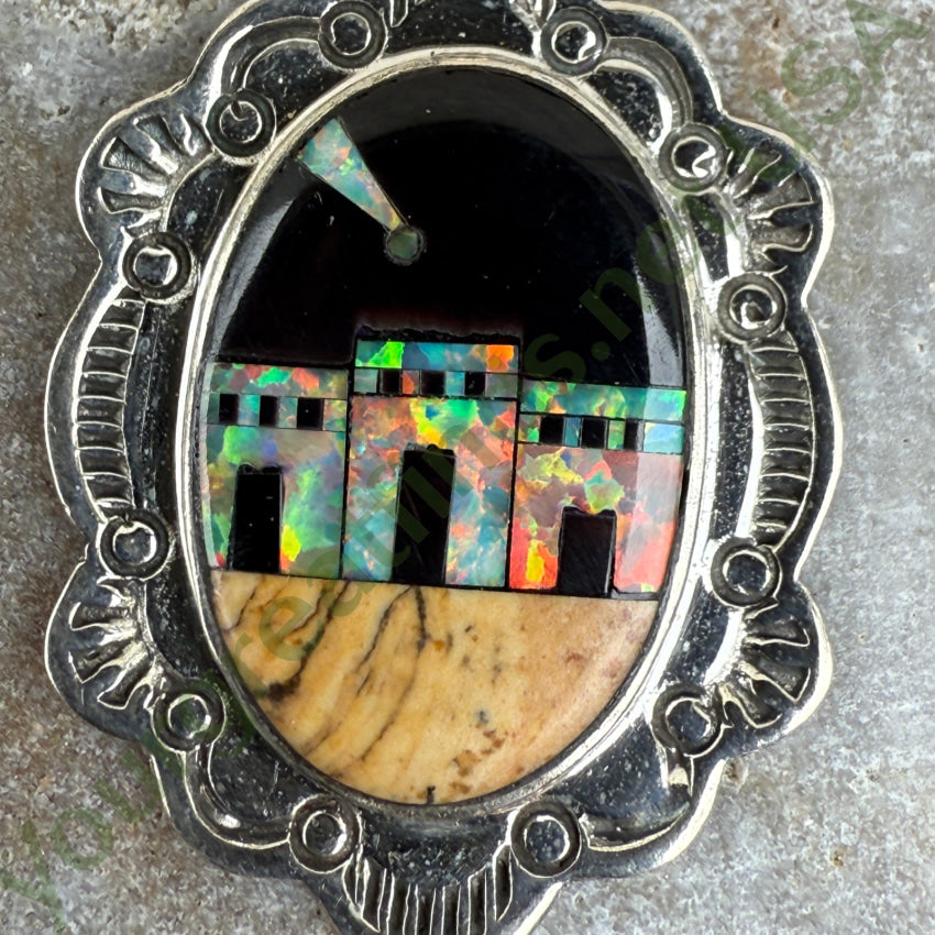 Sterling Silver Opal Jasper & Jet Inlay Pueblo Landscape Pendant pendant