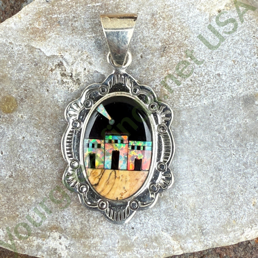 Sterling Silver Opal Jasper & Jet Inlay Pueblo Landscape Pendant pendant