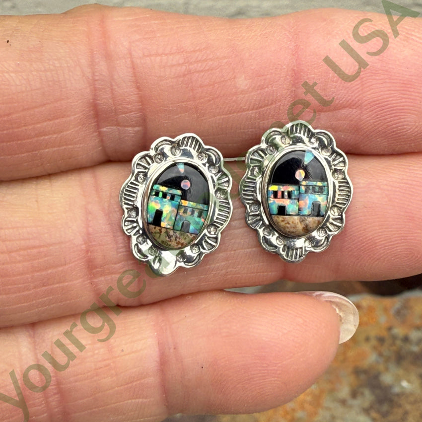 Sterling Silver Opal Jasper & Jet Inlay Pueblo Landscape Pierced Earrings earrings
