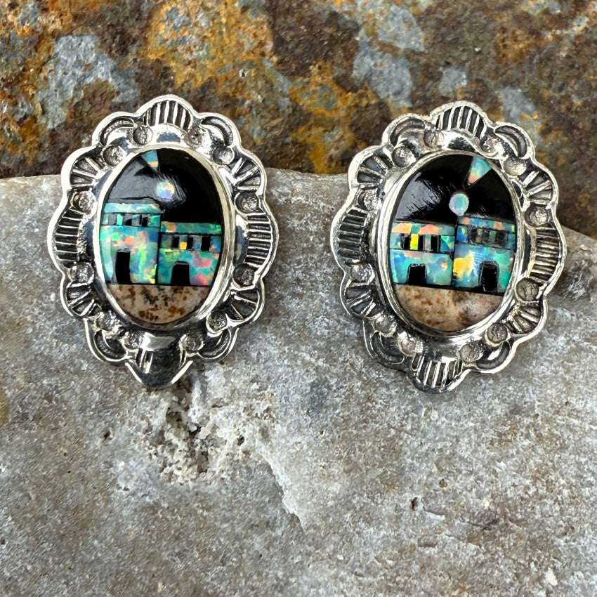 Sterling Silver Opal Jasper & Jet Inlay Pueblo Landscape Pierced Earrings earrings