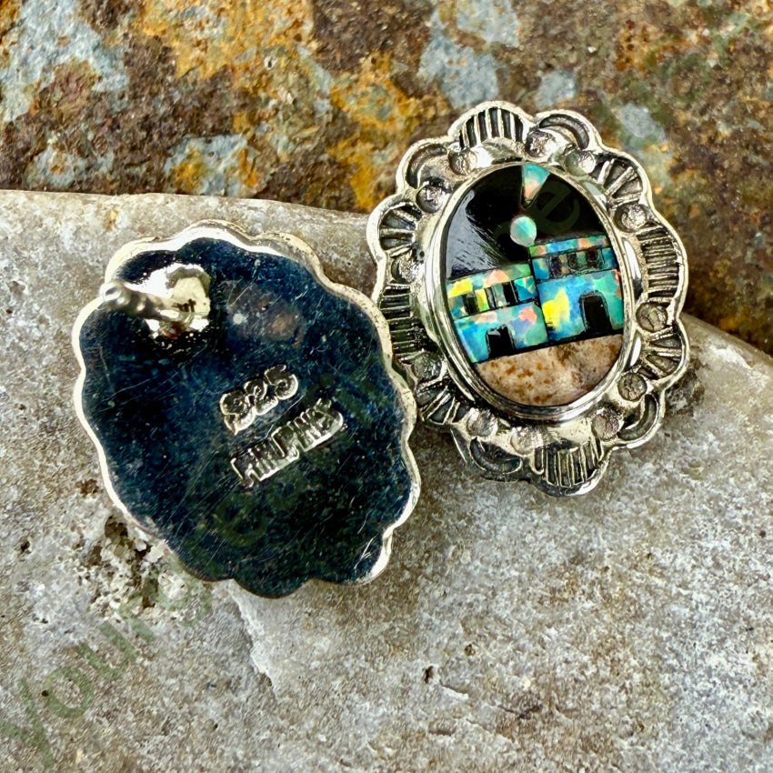 Sterling Silver Opal Jasper & Jet Inlay Pueblo Landscape Pierced Earrings earrings