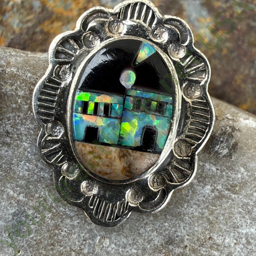 Sterling Silver Opal Jasper & Jet Inlay Pueblo Landscape Pierced Earrings earrings