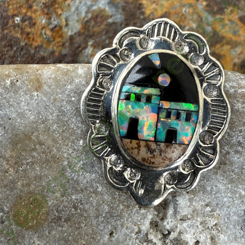 Sterling Silver Opal Jasper & Jet Inlay Pueblo Landscape Pierced Earrings earrings