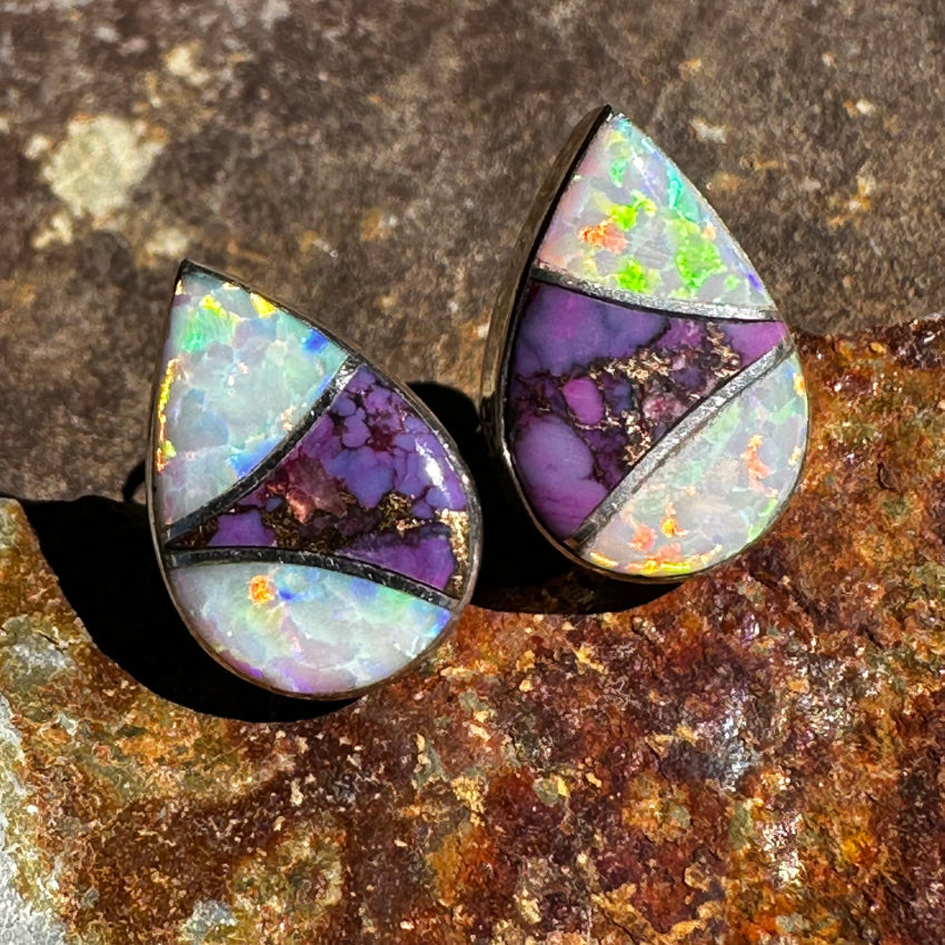 Sterling Silver Opal & Mojave Purple Turquoise Pierced Post Stud Earrings Earrings