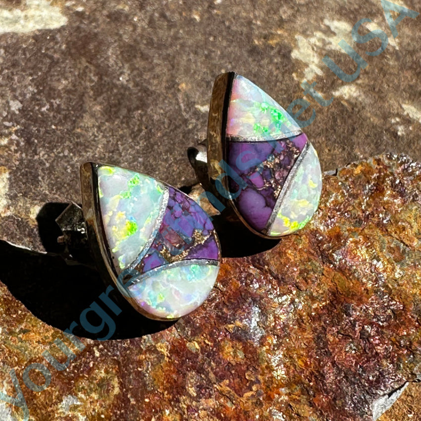 Sterling Silver Opal & Mojave Purple Turquoise Pierced Post Stud Earrings Earrings