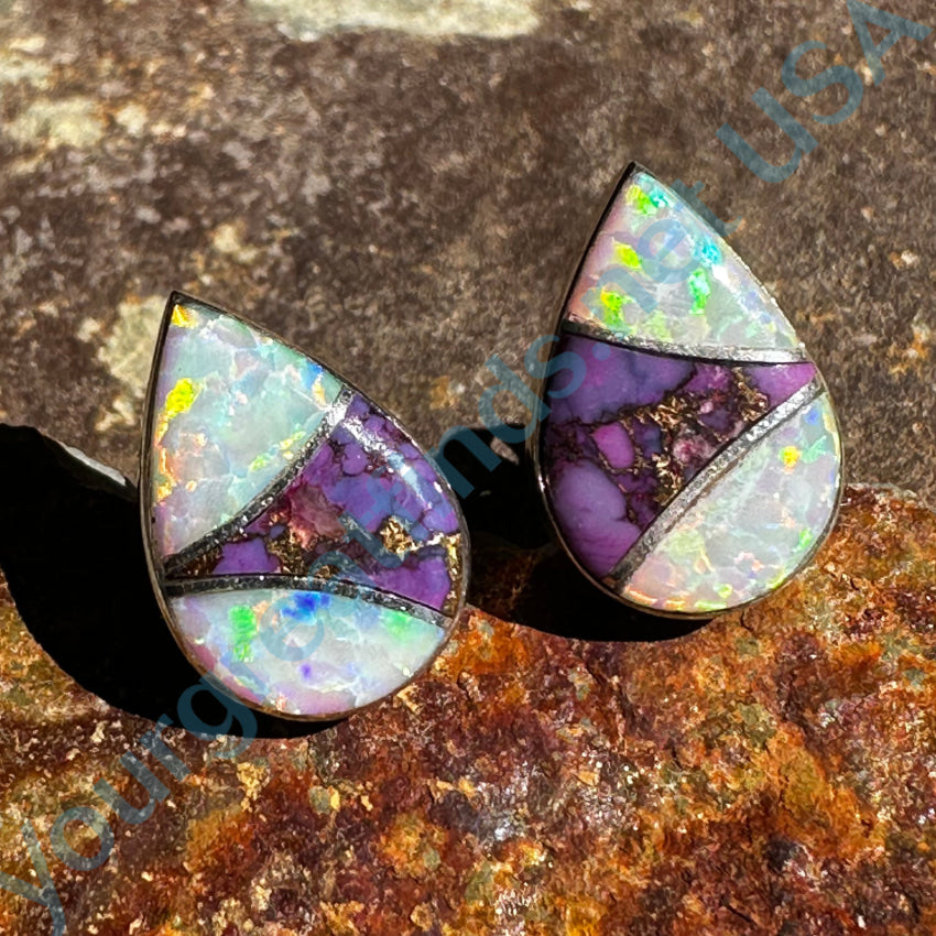 Sterling Silver Opal & Mojave Purple Turquoise Pierced Post Stud Earrings Earrings