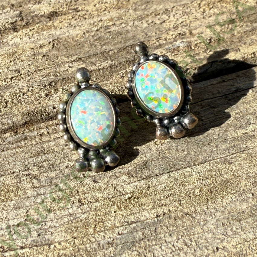 Sterling Silver & Opal Pierced Post Stud Earrings Earrings