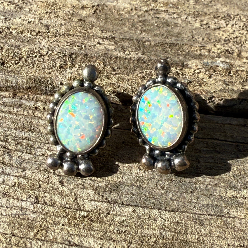 Sterling Silver & Opal Pierced Post Stud Earrings Earrings