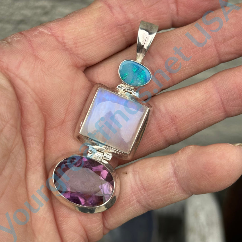 Sterling Silver Opal Rainbow Moonstone And Amethyst Pendant Pendant