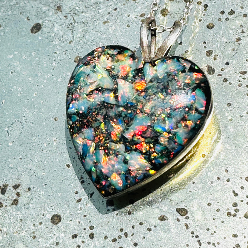 Sterling Silver Opal Shard Mosaic Heart Necklace
