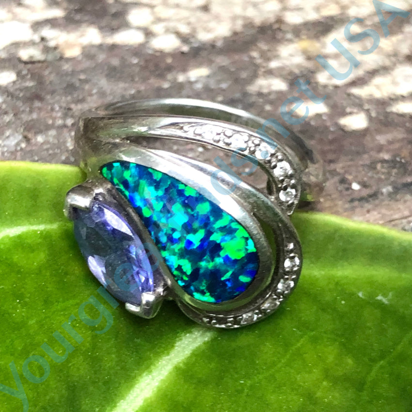 Sterling Silver Opal & Tanzanite Ring Size 6 1/4