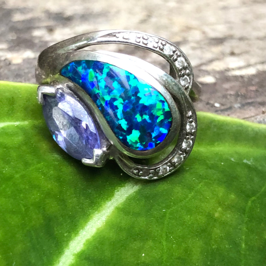 Sterling Silver Opal &amp; Tanzanite Ring Size 6 1/4