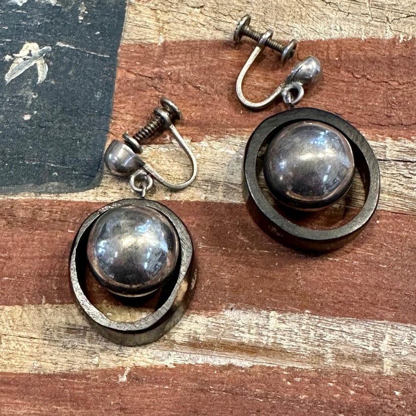 Sterling Silver Orb & Horn Ring Earrings Screw Back