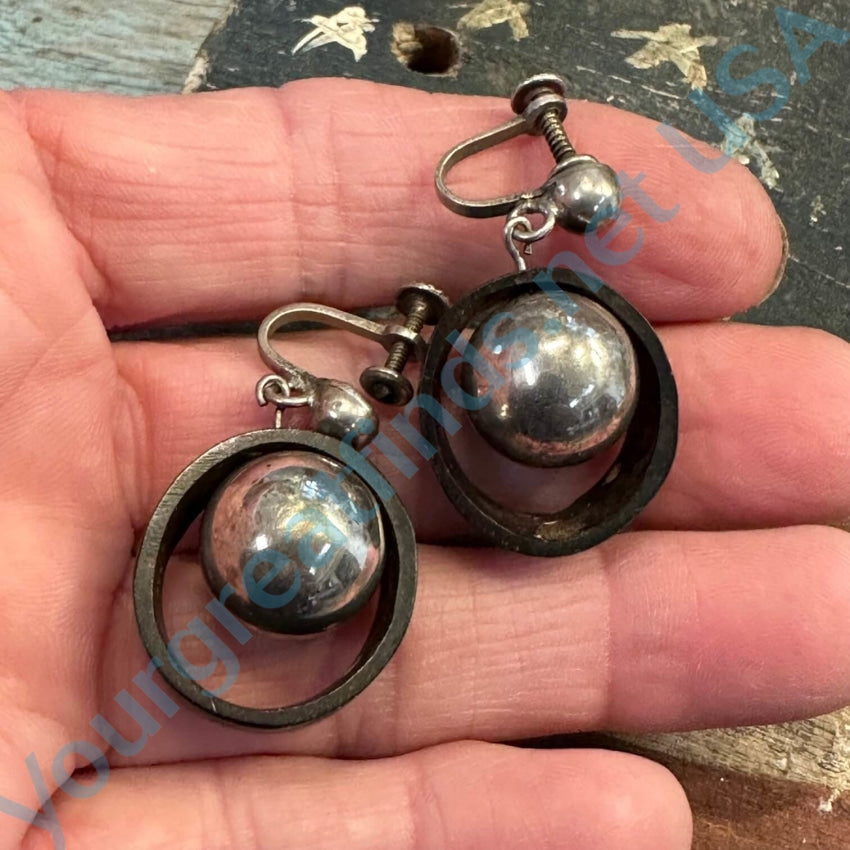 Sterling Silver Orb & Horn Ring Earrings Screw Back