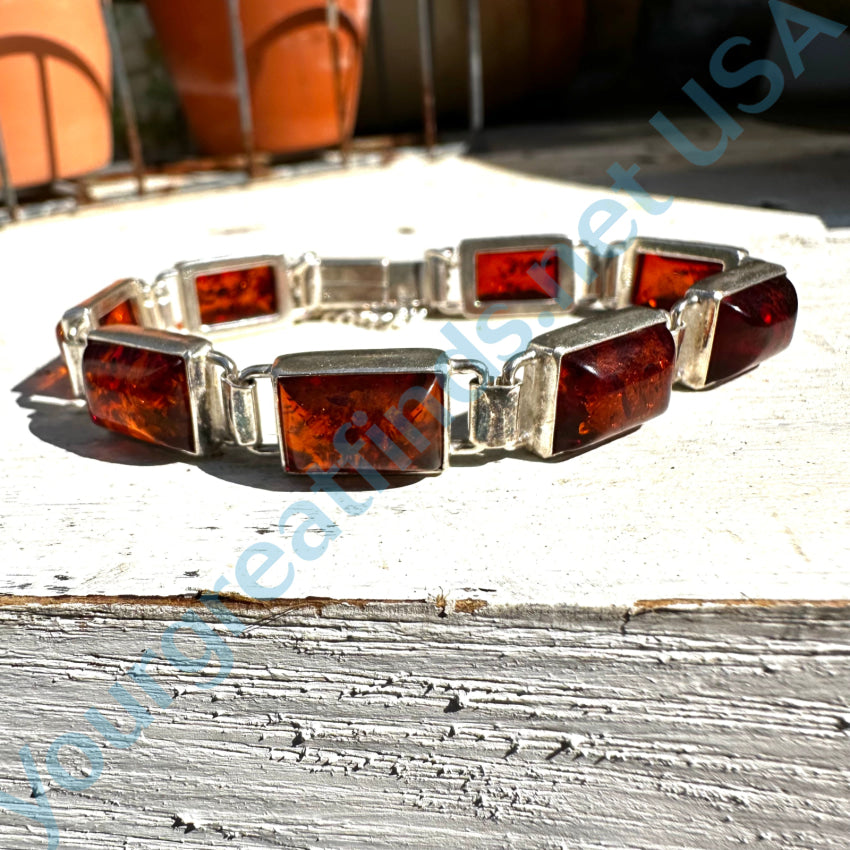 Sterling Silver Panel Bracelet Set With Amber Bracelet