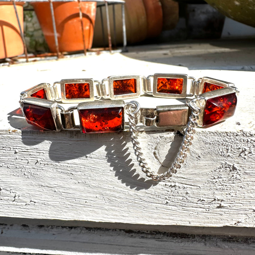 Sterling Silver Panel Bracelet Set With Amber Bracelet