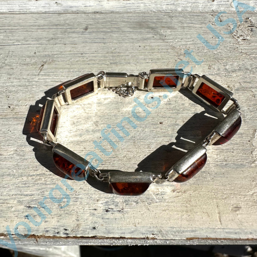 Sterling Silver Panel Bracelet Set With Amber Bracelet