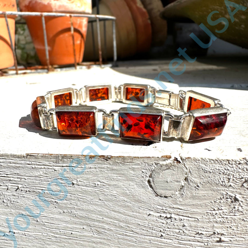 Sterling Silver Panel Bracelet Set With Amber Bracelet